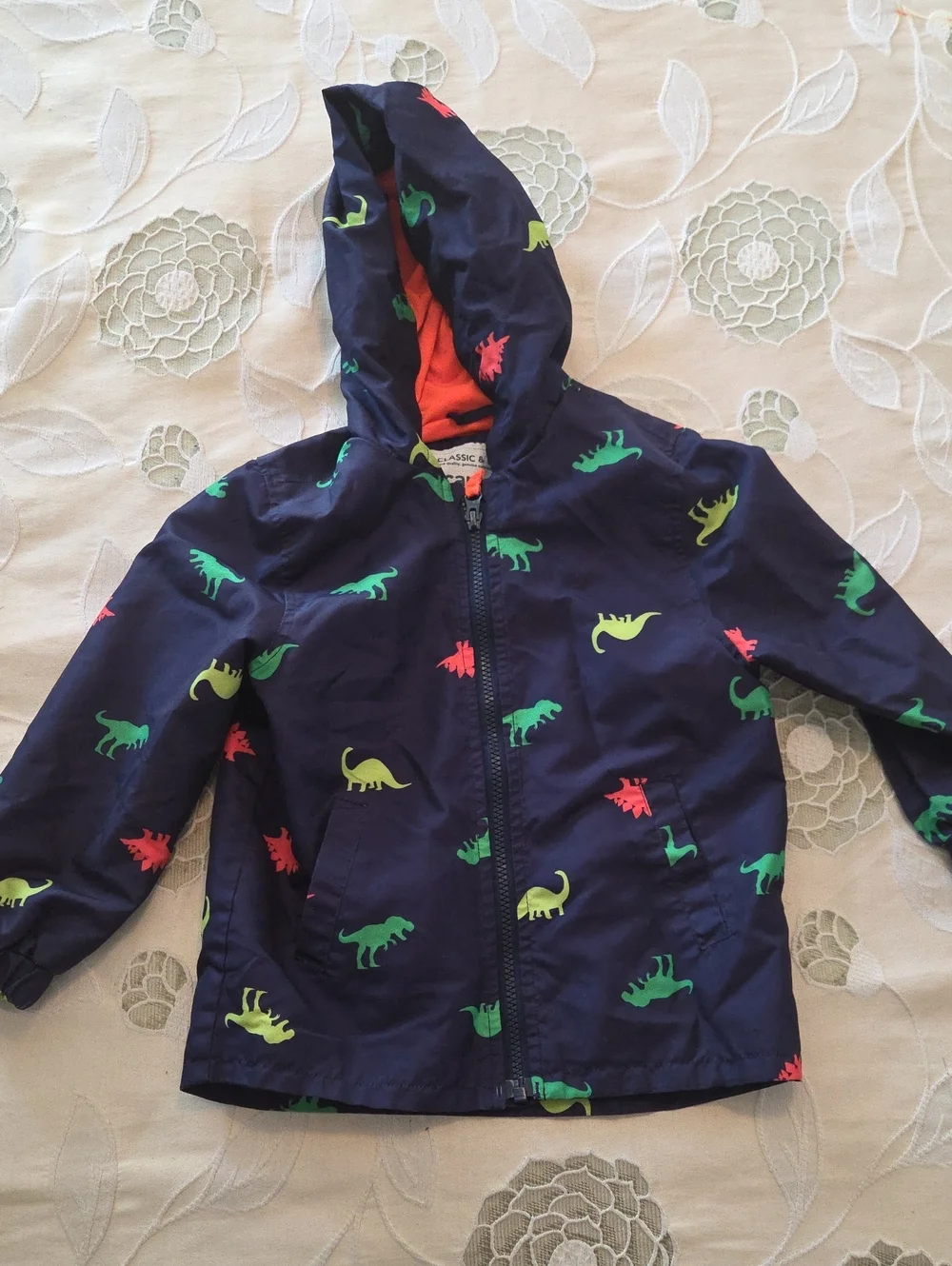 Carter's Navy Kids Raincoat with Green & Red Dinosaur Print